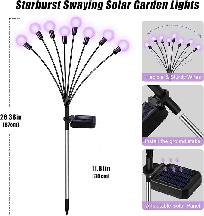 Solar Garden Lights 16 LEDs Purple 2 Pack 8 Heads Outdoor Waterproof Swaying Firefly Lights for Yard Patio Pathway Lawn Decorations