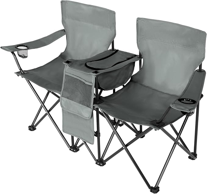 Portable 2-Seat Folding Chair with Removable Sun Umbrella Outdoor Lounge Chair for Fishing Camping Beach Grey