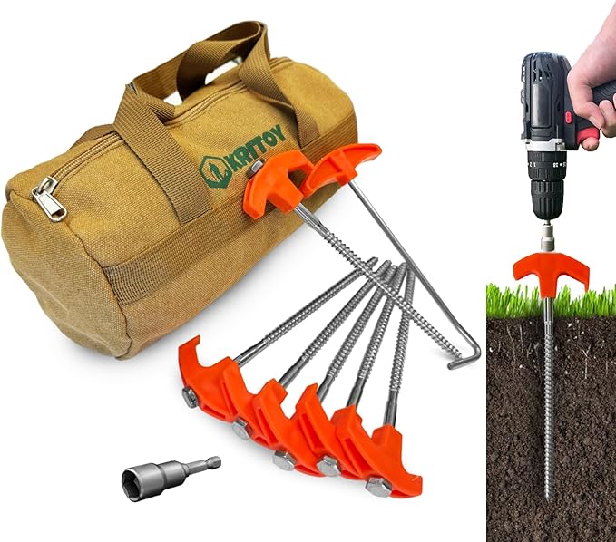 30 Pack Tent Stakes Heavy Duty - 8 Screw in Tent Stakes - Ground Anchors Screw in - Tent Pegs Camping Stakes - Metal Threaded Tent Spikes with 1 Hex Head Driver 1Stopper T Pull Hook and Storage Bag