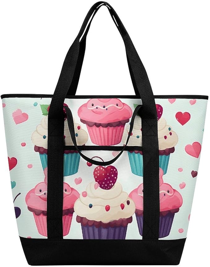 Insulated Shopping BagLarge Reusable Cooler Bags Cupcake Candy Hearts Sweet Printed Foldable Shopping BagTravel Waterproof Shoulder Bag