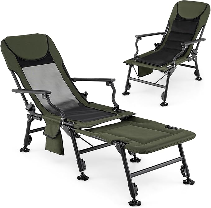 GYMAX Foldable Fishing Chair Heavy Duty Oversized All-Terrain Camping Chair Detachable Footrest 180° Adjustable Padded High-Back Portable Recliner for Outdoor (Detachable Footrest)