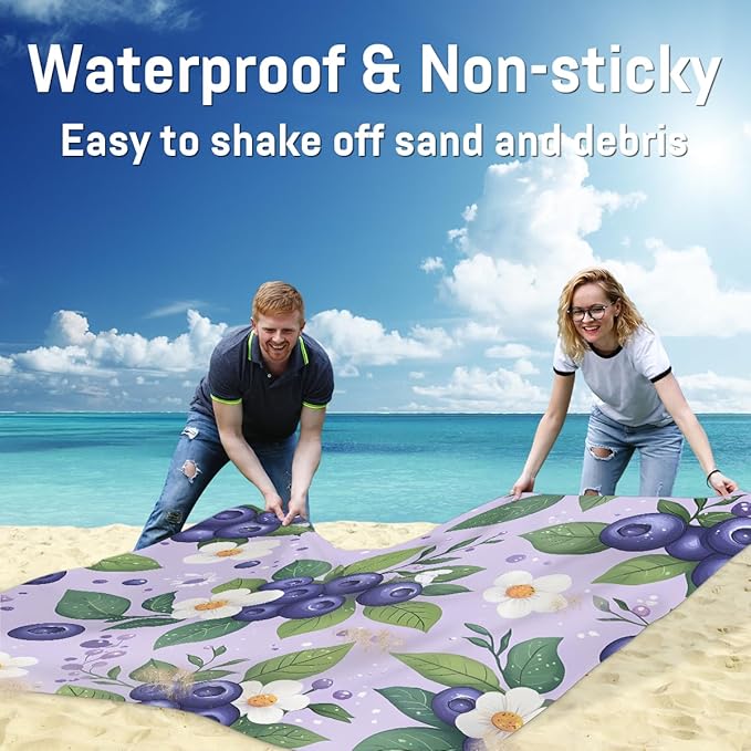 Waterproof Sandproof Beach Blanket 59''×68'' Blueberries Blossom Polyester Outdoor Picnic Blanket with 4 Stakes &amp Storage Bag for BeachCampingVacation Light Blue