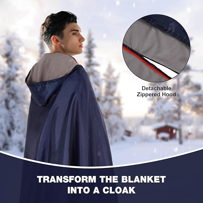 REDCAMP Large Waterproof Stadium Blanket with Hood for Cold Weather Soft Warm Fleece Camping Blanket Windproof for Outdoor Sports Dark Blue/Grey