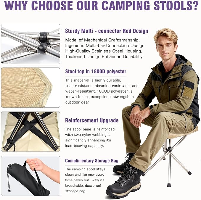 Ultra-Lightweight Camping Stoo - 260lbs Capacity | 13.8in Expanded Height | 1.2lbs Ultra-Light &amp Waterproof | 1-Pull Quick Setup for Camping Hiking Fishing BBQ &amp Waiting in Line (Khaki)