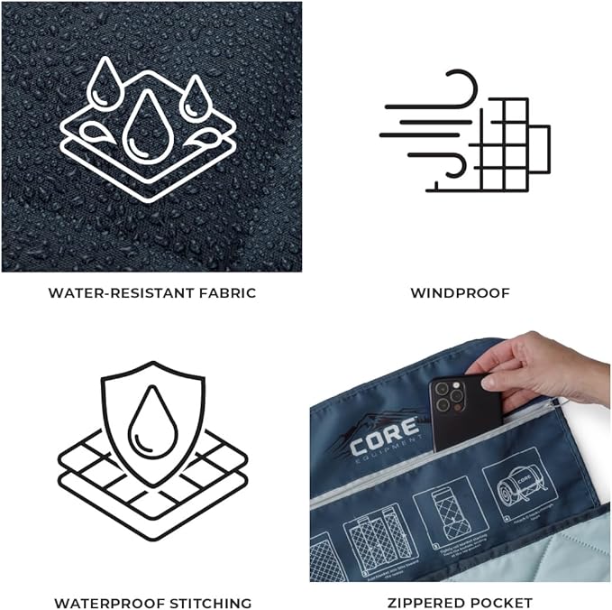 CORE Outdoor Weighted Blanket | Packable Waterproof Picnic Blanket Beach Mat Tent Camping Rug &amp Stadium Blanket | Large Portable 94 x 78 Quilt Design with Built-in Straps and Carry Handle