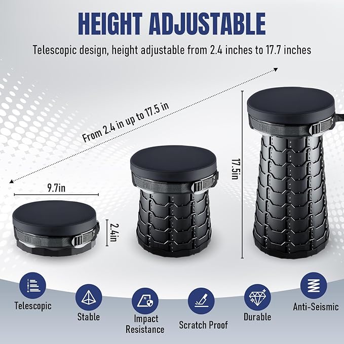 2026 Upgraded Collapsible Stool with Cushion Portable Folding Stool for Adults Heavy Duty Camping Stools for Outdoor Camping Travel Hiking Fishing Adujstable Folding Chair Footrest