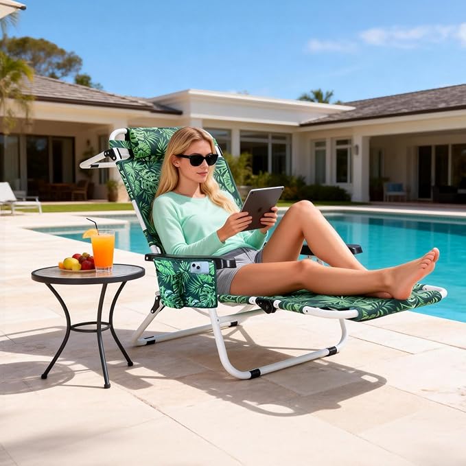 ABORON 3 in 1 Beach Chair w/Face Cushion &amp Arm Holes Cup Holder Headrest &amp Pouch 350 lbs Capacity Portable Folding Beach Lounge for Sunbathing Reclining