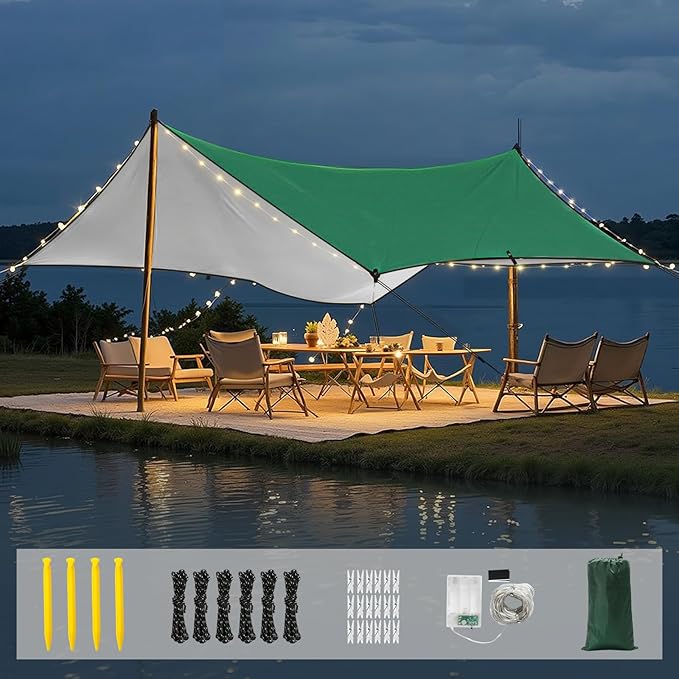 Rhino Valley Waterproof Tent Tarp 9.8 × 9.8 Ft Large Outdoor Shelter Cover with Light Strings Lightweight Portable Tarp Shelter Rain Tarp Camping Canopy for Hiking Traveling Backpacking