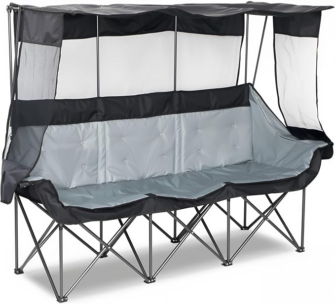Oversized 3 Person Camping Chair with Canopy Shade Fully Padded Outdoor Folding Camping Chair Suitable For Outdoor Camping Lawns And Backyards Equipped With Cup Holders And A Portable Storage Bag