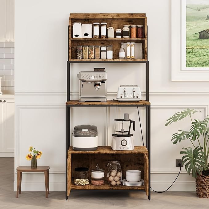 Garvee Bakers Rack with Storage Cabinet 68 Industrial 6-Tier Kitchen Storage Shelf with CabinetMicrowave StandShelvesFreestanding Coffee Bar for Pots Spices &amp Kitchen Essentials