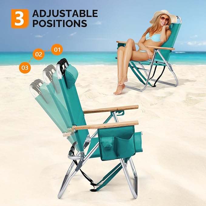 VINGLI Aluminum 13 Backpack Beach Chair – Tall Beach Chairs for Adults Portable with Adjustable Straps 3-Position Reclining Cup Holder High Lightweight Beach Chairs for Beach