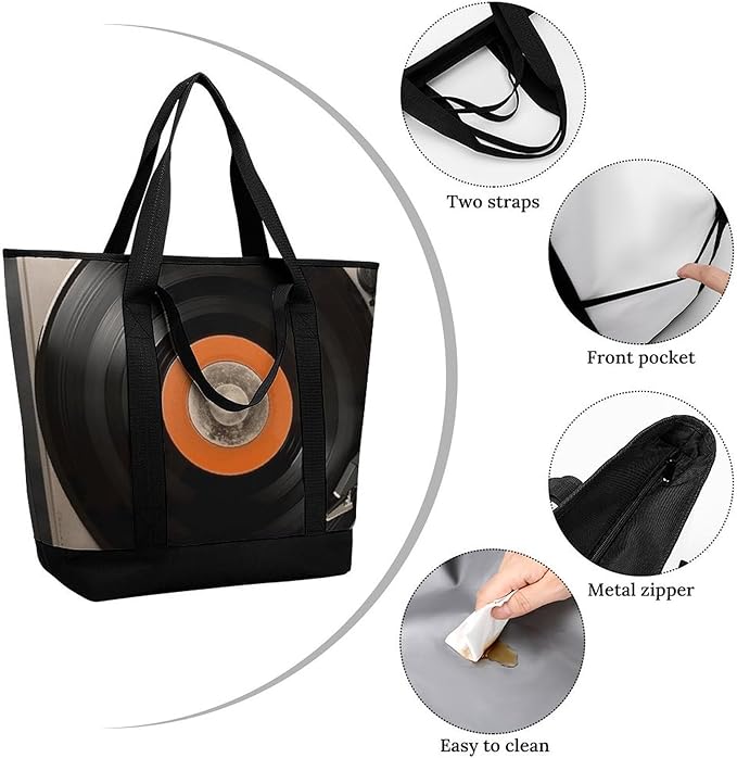 Insulated Shopping BagLarge Reusable Cooler Bags Vintage Vinyl Record Printed Foldable Shopping BagTravel Waterproof Shoulder Bag