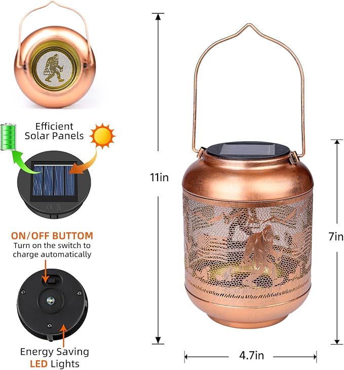 Bigfoot Solar Lanterns Outdoor Waterproof Hanging Solar Lights Big Foot Sasquatch Birthday Gifts for Women Men Metal Decoratives LED Lantern for Patio Backyard Porch Yard Lawn Garden Decor
