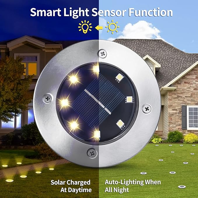 Aogist Solar Ground Lights - 12 Pack 8 LED Waterproof Outdoor Disk Lights for Pathway Yard Walkway Patio Lawn Path (Warm White)