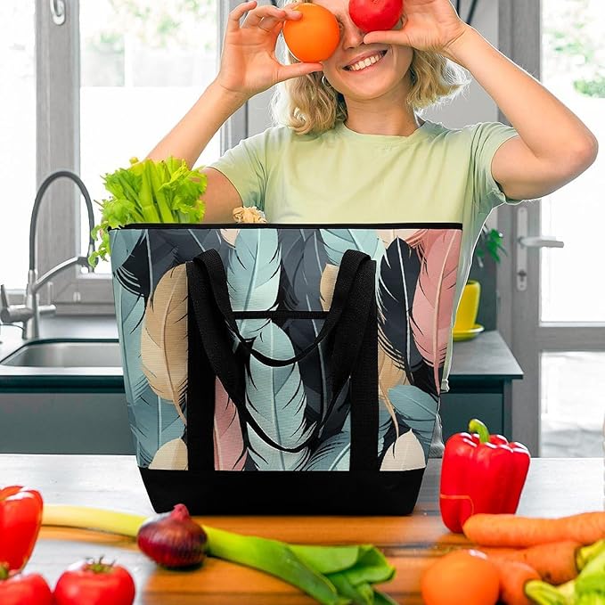 Insulated Shopping BagLarge Reusable Cooler Bags Feather Printed Foldable Shopping BagTravel Waterproof Shoulder Bag