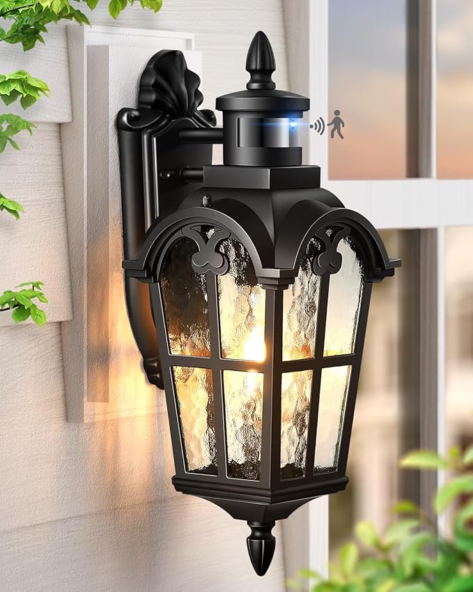 VIANIS Porch Lights Outdoor Motion Sensor Black Dusk to Dawn Outdoor Garage Lighting Fixtures Aluminum Waterproof Outside Sconce Lights with Ripple Glass Coach Light Wall Mount for House Doorway