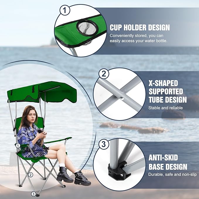 Camping Chair with Canopy Portable Outdoor Folding Beach Chairs with Cup Holder 330LBS Load Lawn Chair for Outside Fishing Beach Picnic (Green)