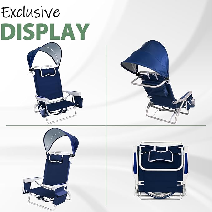 Romswi Beach Chair with Canopy Shade for Adults 1 Pack Aluminum Folding Chairs with Detachable &amp Adjustable Umbrella 5-Position Lay Flat Cooler Bag Cup &amp Phone Holder Towel Bar Navy Blue