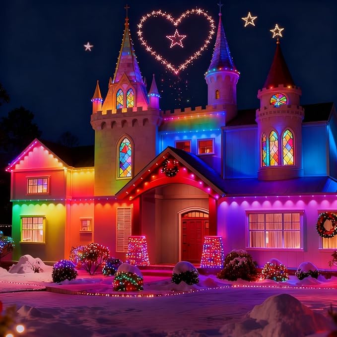 Permanent Outdoor Lights 100FT RGB+IC Smart Eaves Lighting with 50 LEDs 16 Million Colors IP68 Waterproof for Year-Round and Holiday Use
