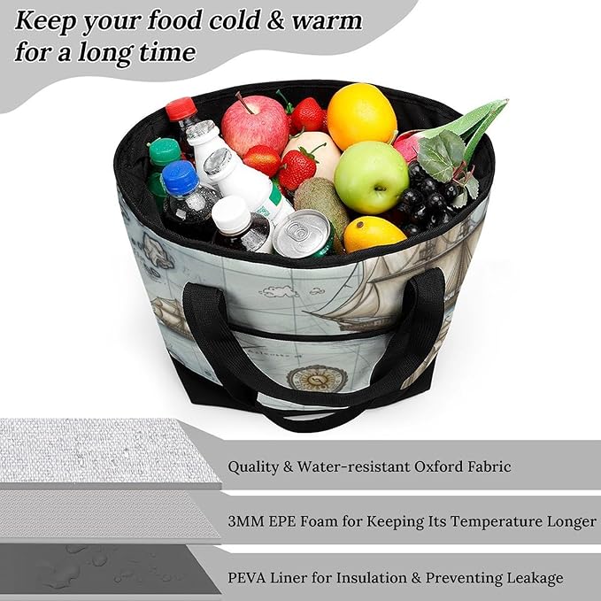 Insulated Shopping BagLarge Reusable Cooler Bags Boat Map_75091459 Printed Foldable Shopping BagTravel Waterproof Shoulder Bag