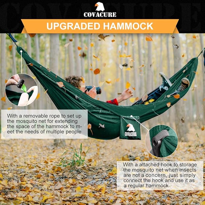 Covacure Camping Hammock - Lightweight Double Hammock Hold Up to 772lbs Portable Hammocks for Indoor Outdoor Hiking Camping Backpacking Travel Backyard Beach（Dark Green）