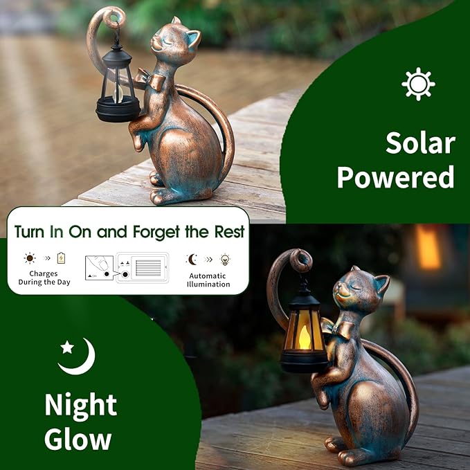 WHIMSYNOOK 10.7 Bronze Cat Garden Statue with Solar Light – Outdoor Yard &amp Lawn Décor Charming Cat Figurine Gift for Mom &amp Cat Lovers