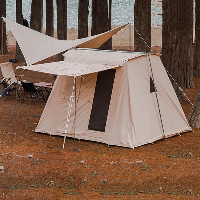 UNISTRENGH Waterproof Cotton Canvas Cabin Tent 4 Season Outdoor Family Camping Tent Shelters with Awning &amp Extra Wide Mesh Doors