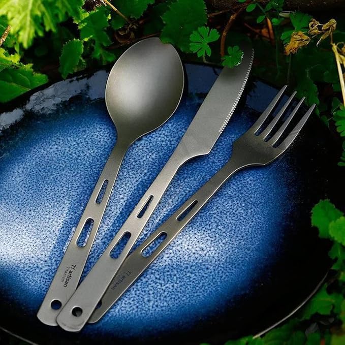 Camping Utensil Set Titanium Fork Spoon Knife 3 Piece Portable Cutlery Set Long Handle Tableware Healthy &amp Eco-Friendly for Travel Picnic Backpacking Outdoors Dishwasher Safe
