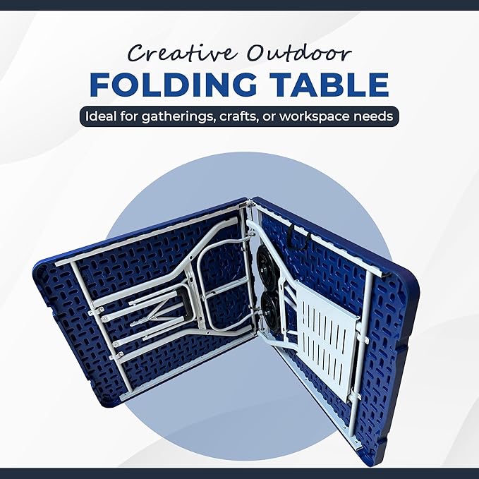 Creative Outdoor Folding Table and Chairs 6 Ft Built-in Wheels Portable Durable Plastic (Blue &amp Gray)