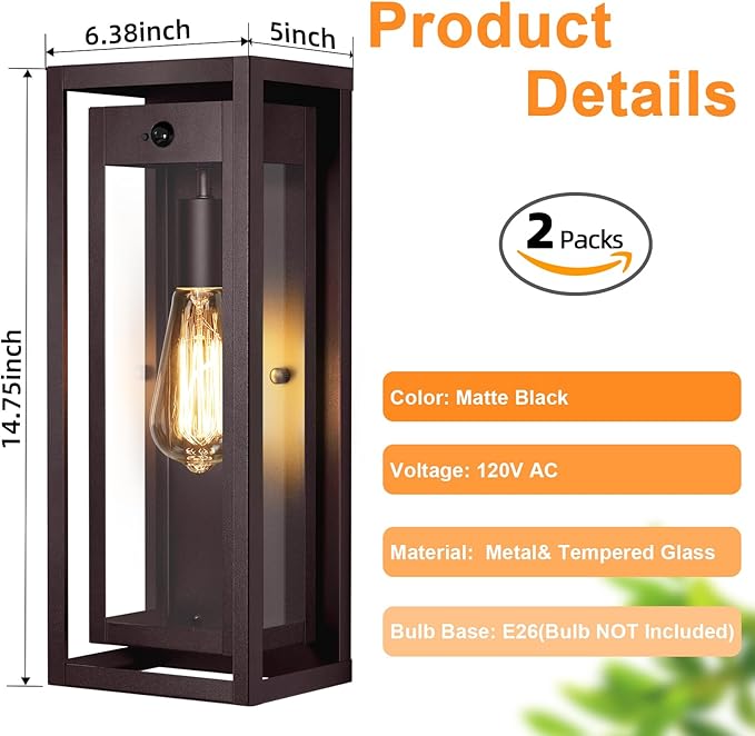 15 Motion Sensor Outdoor Lights 2 Pack Large Bronze Outdoor Light Fixture 3 Lighting Modes Waterproof Anti-Rust Wall Sconces Exterior Lighting Fixtures for Front Door Porch Garage