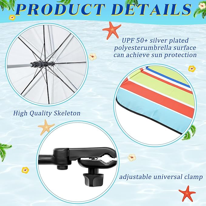 Buryeah 2 Pcs Automatic Chair Umbrella with Universal Clamp 44 UPF 50+ Portable Clamp on Beach Chair Adjustable Wheelchair Umbrella for Outdoor Patio Parasol