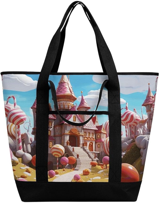 Insulated Shopping BagLarge Reusable Cooler Bags Candy Land Printed Foldable Shopping BagTravel Waterproof Shoulder Bag