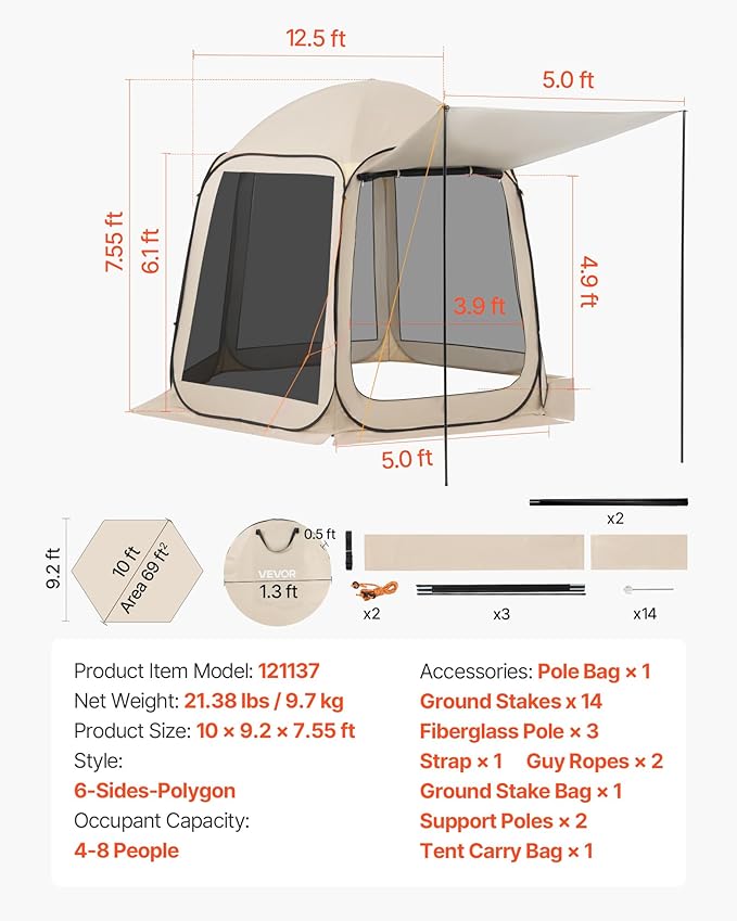 Pop Up Screen House Tent VEVOR 10 x 9.2 FT Pop-Up Screen Room with Awning Portable Screen Tent Gazebo for 4–8 Person Instant Screen Canopy with Carry Bag for Patio Backyard Camping