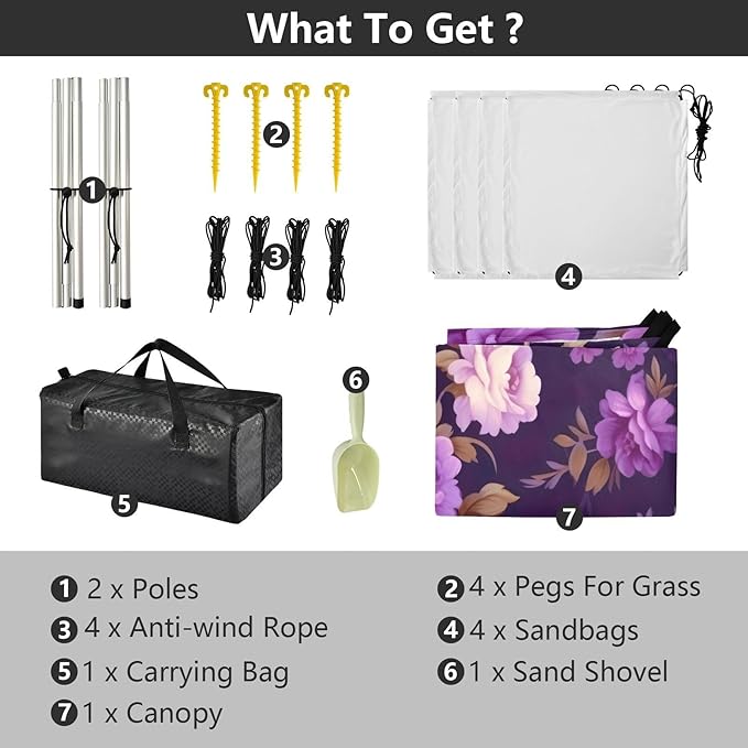 Purple Roses Beach Tent Sun Shelter 9.2' x 10.5' Beach Canopy with 4 Sandbags 4 Stability Poles Sand Shovels - Tent Canopy for Beach Camping Fishing Picnics