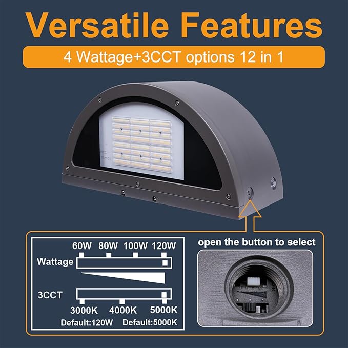 120W Full Cutoff LED Wall Pack Light 2Pack 3000/4000/5000K 3CCT 60/80/100/120W Selectable Commercial Half Moon Wall Pack Lights Outdoor LED Wall Lights for Building Parking100-277VETL Listed