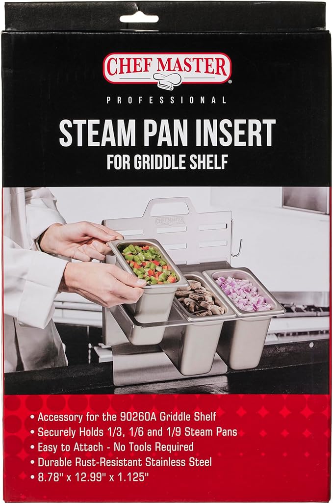 Chef Master Steam Pan Insert for Griddle Shelf Set – Fits 1/3 1/6 &amp 1/9 Steam Pans - Keeps Your Ingredients in One Place - Grill Accessories For Restaurants Diners &amp Food Trucks - Fits 90260