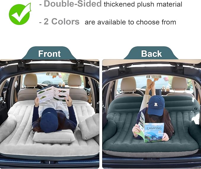 SUV Air Mattress Double-Sided Thick Flocked Car Air Mattress with Built-in Pump &amp Pillow Complete Sleeping Accessories for Auto Camping &amp Road Trips（Light Grey）
