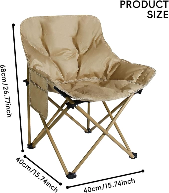 Outdoor 3-Layer Padding High Back Moon Chair with Thick Cotton 600D Oxford Fabric Portable Folding Camping Chair with Side Pocket Supports up to 300lbs (Brown)