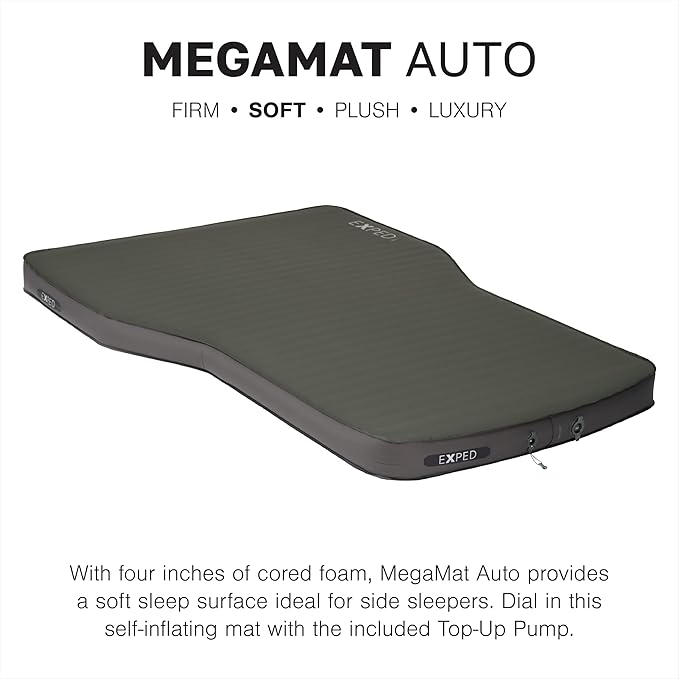 Exped MegaMat Auto - Self Inflating Soft Car Sleeping Mat 4” Foam Pad Wheel Cutouts Pump Included