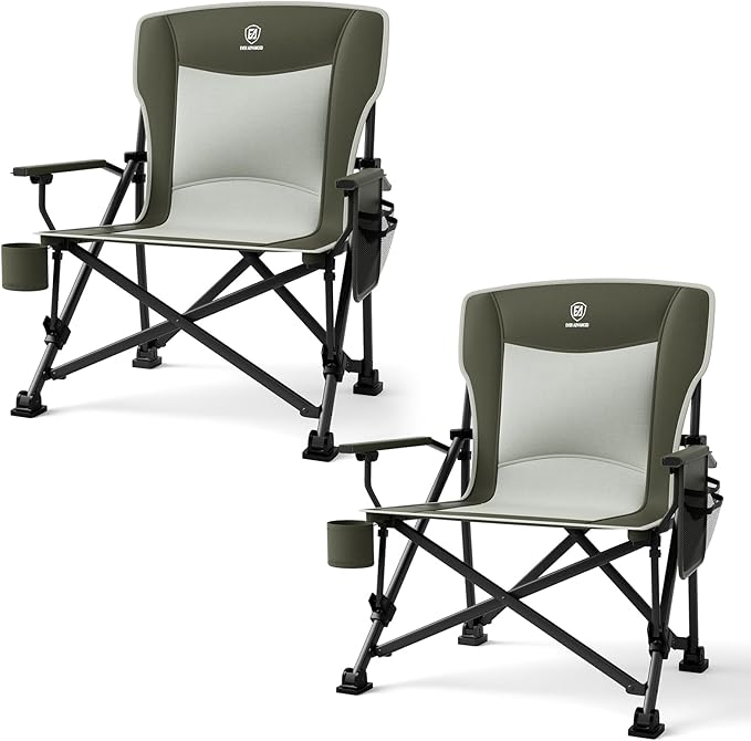 EVER ADVANCED Oversized Folding Camping Chair for Adults Heavy Duty Lawn Chair with Side Pockets Portable Collapsible Quad Chair for Outside Support Up to 500lbs Green 2Pack