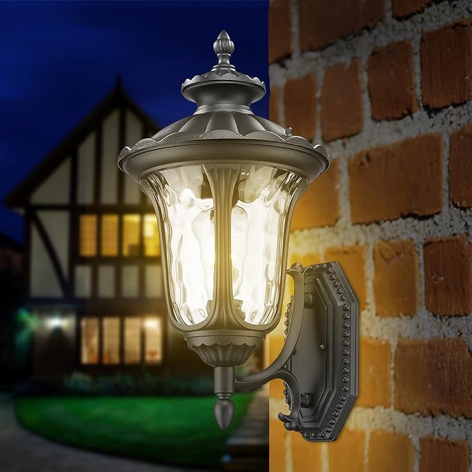 Outdoor Light Fixtures Wall Mount Waterproof Exterior Wall Lanterns with Waer Ripple Glass Outside Sconces Front Porch Lights for House Garage Doorway Patio