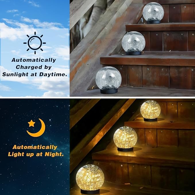 Solar Garden Lights Outdoor Waterproof 4 Pack 30 LEDs Cracked Glass Ball Light Ground Landscape Garden Decor Solar Globe Decorative for Pathway/Patio/Lawn/Yard (Warm White 3.9)