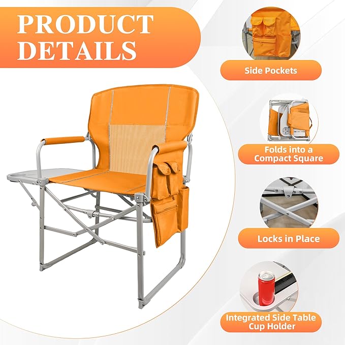 Camping Directors Chair Portable Folding Chair with Side Table and Pocket for Beach Camping Lawn &amp Fishing Tangerine