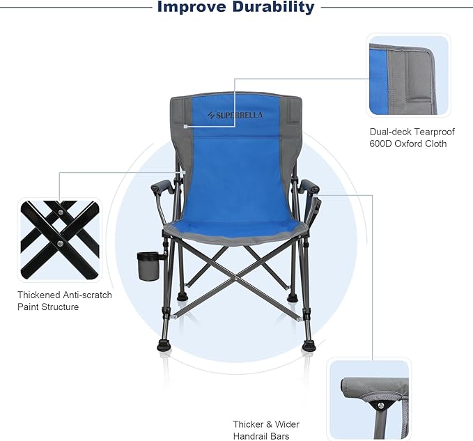 Camping Chair Folding Portable Lawn Chair Comfortable Hard Arm Sturdy for Family Camp Outdoor Sports Beach Travel Blue Supports 300 lbs
