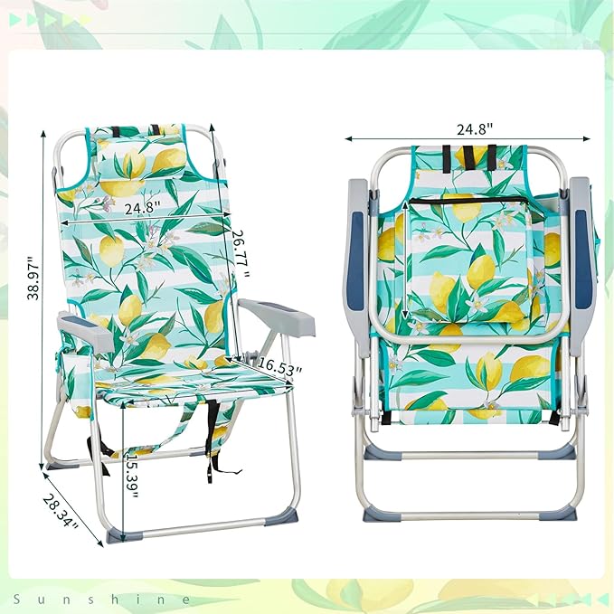 Tall Beach ChairFolding Tall Backpack Beach Chair with 5 PositionsLightweight Beach Camping Chairs with Cooler BagCup HoldersTowel Barfor Adults (Lemon)