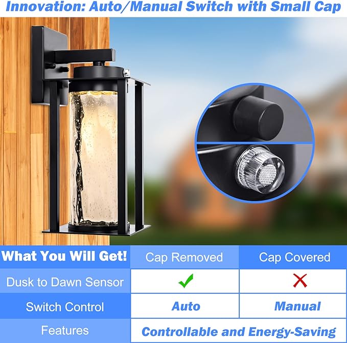 LED Dusk to Dawn Outdoor Light Fixtures - 2 Packs Modern Porch Lighting with Attractive Glass 13W 3000K LED Exterior Sconce Wall Mount with Photocell Sensor for House Front Garage Door Waterproof
