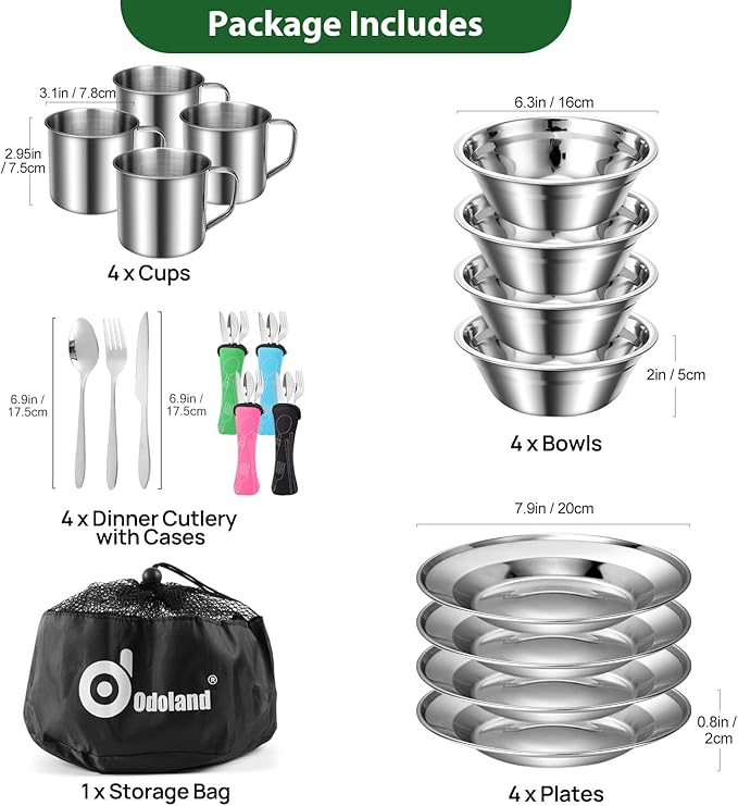 Odoland 29pcs Stainless Steel Utensils Camping Mess Kits with Bowls Plates Cups Forks Spoons and Knives for 4 Cutlery Flatware Set for Backpacking Outdoor Camping Hiking and Picnic