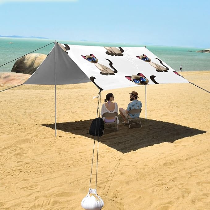 Cute Siamese Cat Camping Sun Shelter Beach Tent Portable Beach Sun Shade Outdoor Canopy for Camping Trips Fishing Picnic