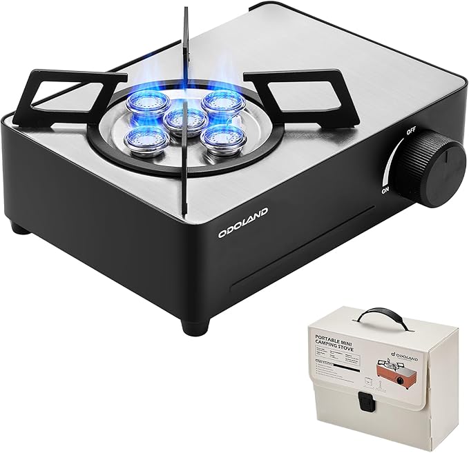 Odoland 7500BTU Camping Butane Stove with Compact Carry Case CSA Certified Portable Gas Stove for BackpackingPicnicOutdoor AdventuresBlack