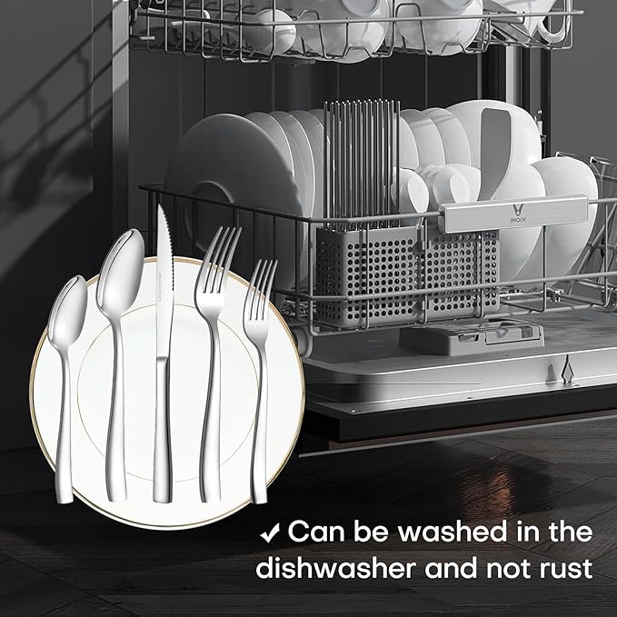 Lazycorner 53 Piece Silverware Set wiith Steak Knives and Serving Utensils 18/10 Stainless Steel Flatware Set Mirror Polished Eating Utensils Sets Silverwear Cutlery Set Dishwasher Safe